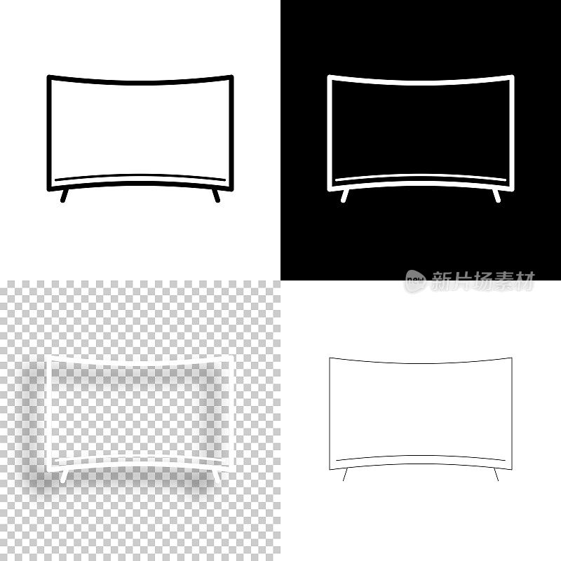弯曲的电视。图标设计。空白，白色和黑色背景-线图标