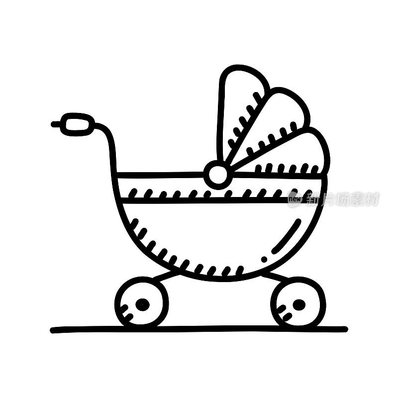 婴儿车手绘图标，涂鸦风格矢量插图