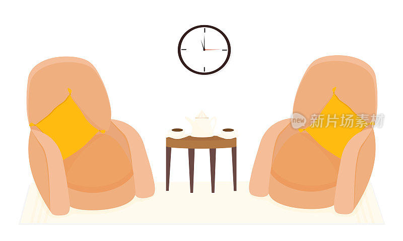 一套软垫扶手椅和桌子与茶或咖啡服务在客厅