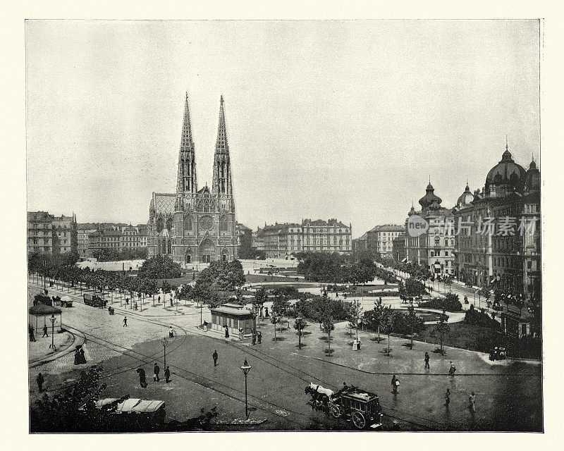 19世纪维也纳维多利亚时代的城市景观，马克西米兰广场的复古照片