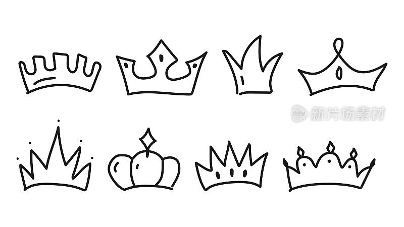 一套手绘的皇冠孤立在白色背景上。涂鸦风格。VIP和王者的理念。矢量图