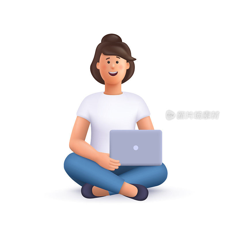 年轻微笑的女子简盘腿坐着，手里拿着笔记本电脑。自由职业，学习，在线教育，在家工作，工作理念。三维矢量人的角色插图。卡通最小的风格。