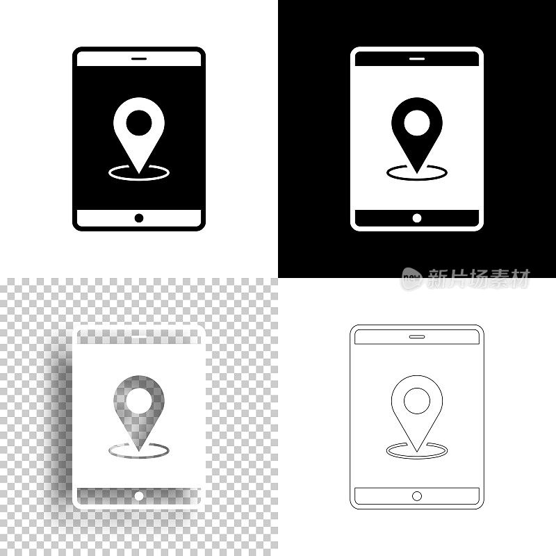 带定位销的平板电脑。图标设计。空白，白色和黑色背景-线图标