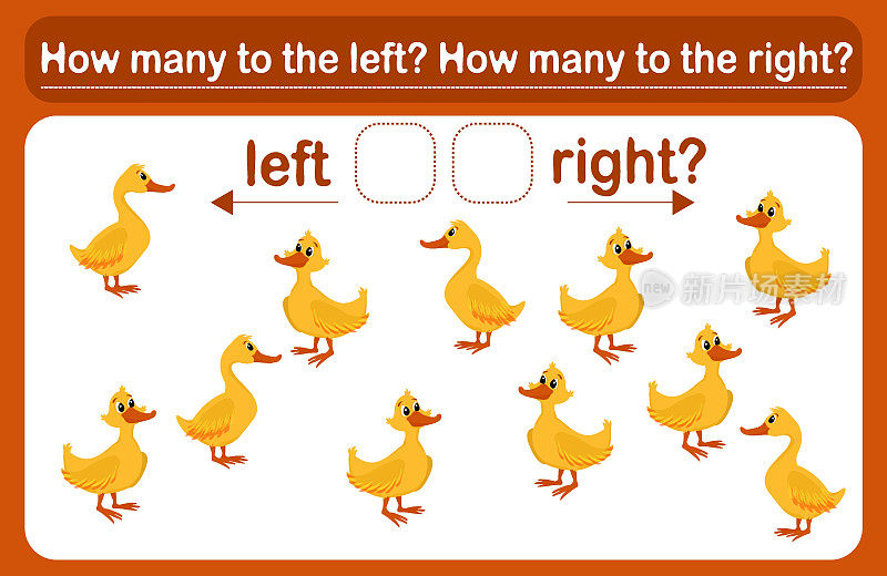 这是一个儿童逻辑游戏，叫做“左或右”。空间定位。培训表。数有多少只鸭子向左转，有多少只向左转。
