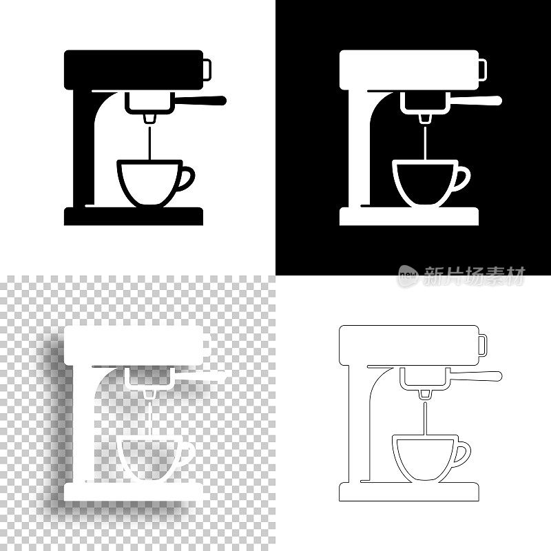 咖啡机。图标设计。空白，白色和黑色背景-线图标