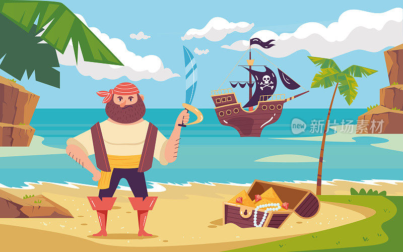 海盗船长水手在岛上与船组成。矢量卡通设计元素插图