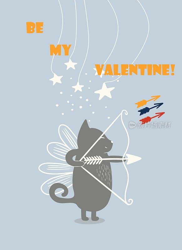 猫射一个弓，象征情人节，字母是我的情人节，矢量插图卡片，邀请，背景。
