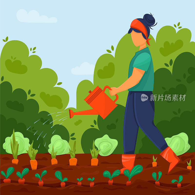 种植当地的有机产品。女孩用水壶浇花园床上的蔬菜。农业工人种植农作物。矢量插图在卡通风格