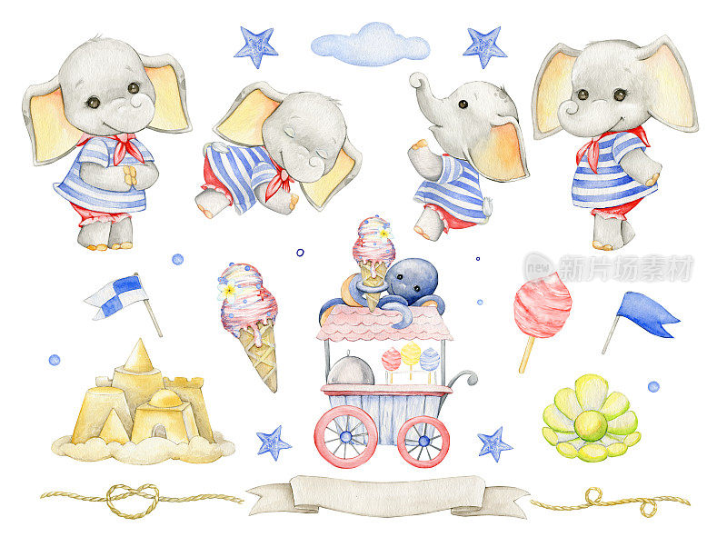 小象，装扮成水手，章鱼，冰淇淋，沙堡，绳子，棉花糖。水彩设置，元素在卡通风格，倒在背景上。