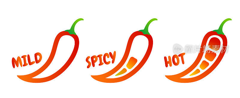 辣椒不同层次的矢量插图。矢量设置红辣椒图标。甜、中、辣的辣椒酱。