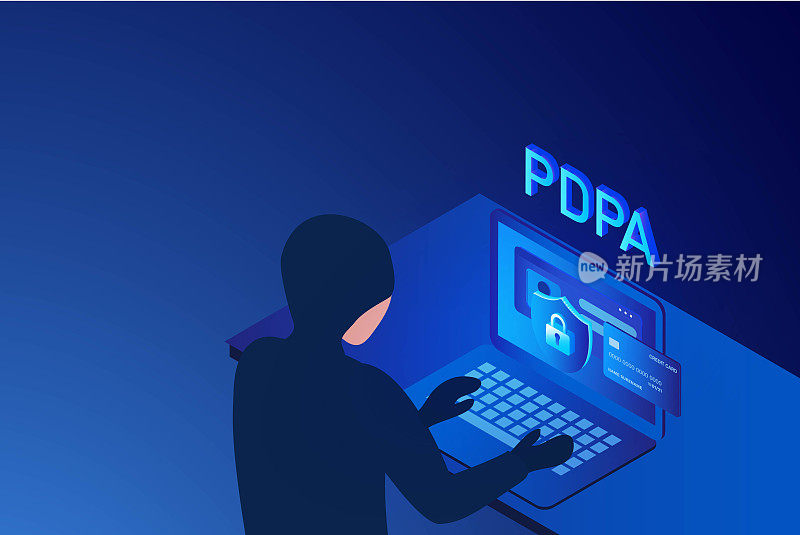 个人数据保护法案或PDPA概念，安全数据管理和保护数据免受黑客攻击和挂锁图标以互联网技术网络矢量插图
