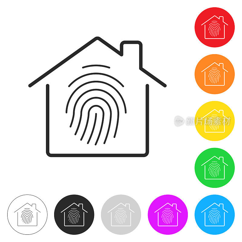 家庭安全-有指纹的房子。彩色按钮上的图标