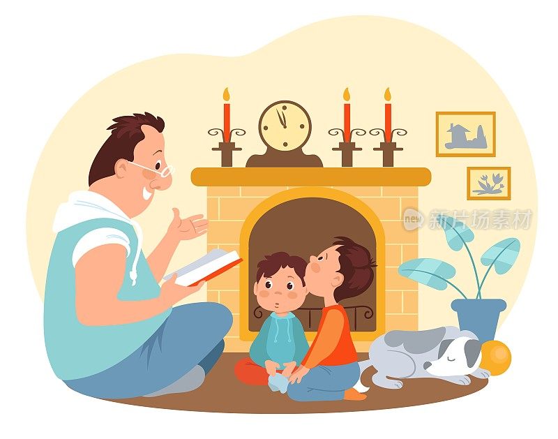 父亲和孩子的时间。卡通爸爸给孩子们读书。家庭娱乐。父母与儿子在一起。兄弟听童话。家庭娱乐。房间有壁炉。向量的概念