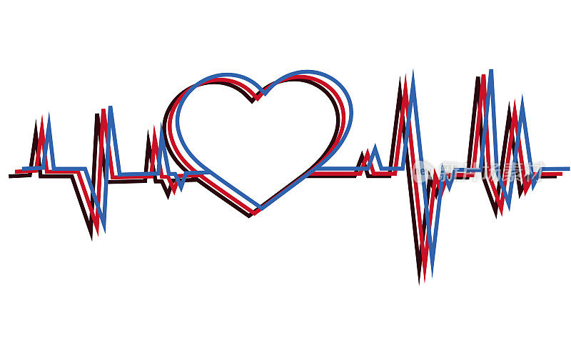 心脏生命脉搏心电图的平面矢量图设计。人类心脏与心跳心电图线卡通图标，平面矢量插图孤立在白色背景。世界心脏日的象征或标志