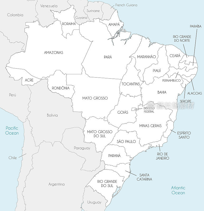 矢量地图的巴西与州和行政区划，邻国和领土。可编辑和明确标记层。