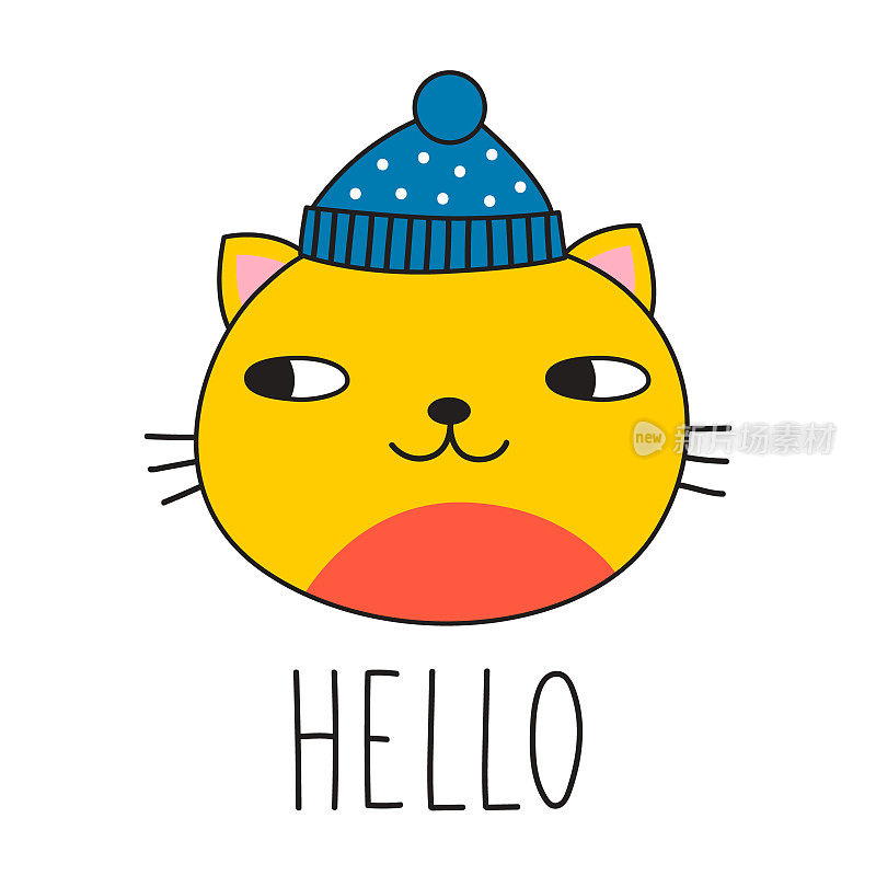 可爱的猫戴着冬天的帽子，写着HELLO。涂鸦风格。矢量图