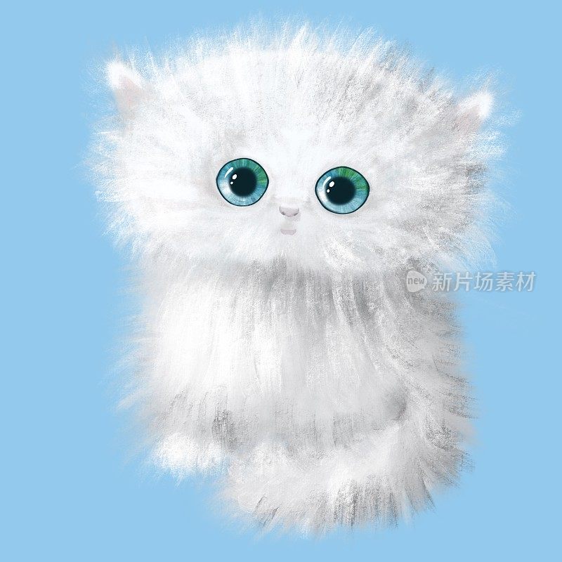 手绘水彩白色波斯小猫坐。可爱的卡通毛茸茸的英国猫。