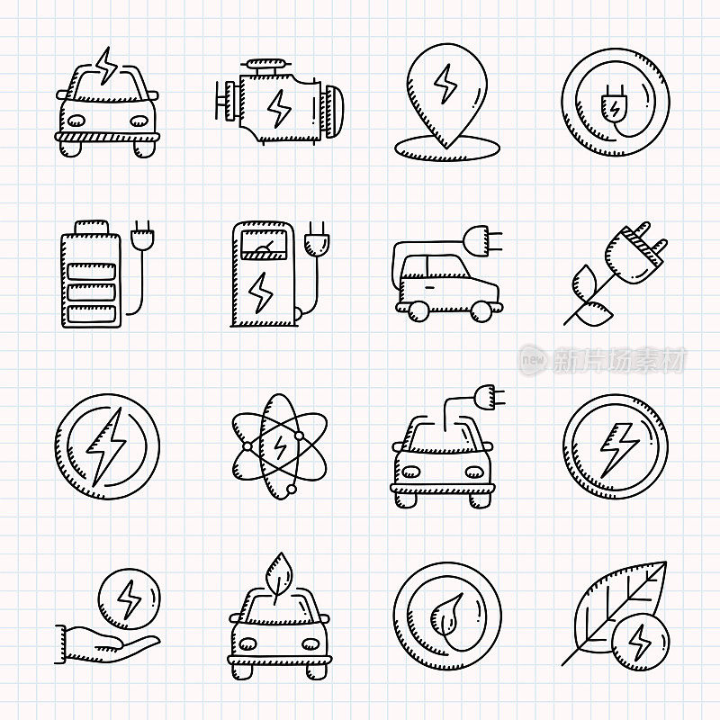 电动汽车相关手绘图标集，涂鸦风格矢量插图