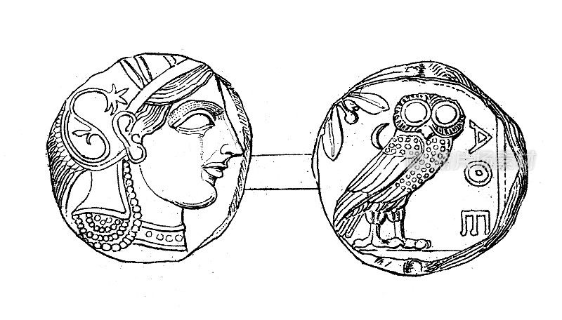 古董插图:希腊艺术，雅典娜硬币