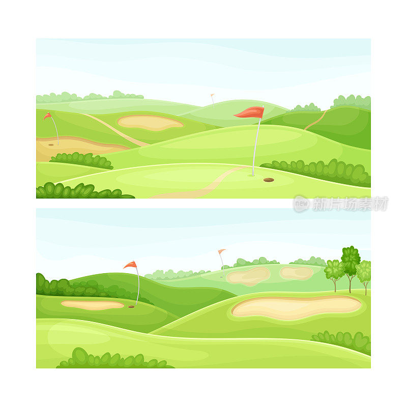 高尔夫球场绿地，沙坑和红旗在晴天矢量插图