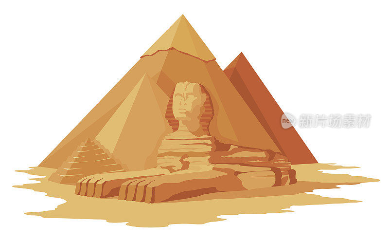 埃及金字塔带着狮身人面像的风景，是古埃及的象征。历史景点展示景点。吉萨著名的历史地标。沙丘中的古建筑