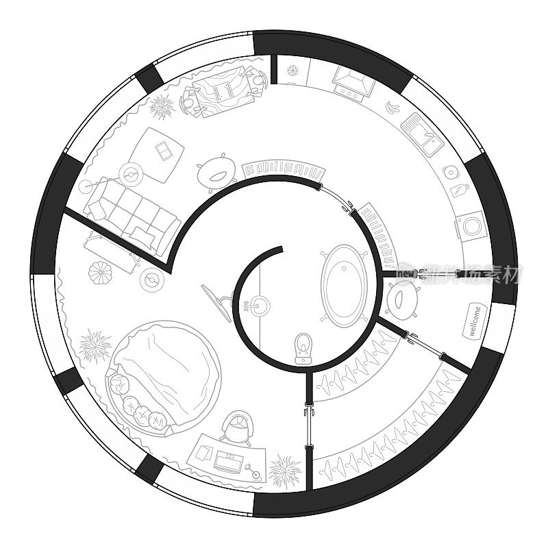 带厨房和卧室的圆形工作室公寓建筑平面图。俯瞰的小房子。平面图与家具摆放。室内设计项目。向量蓝图