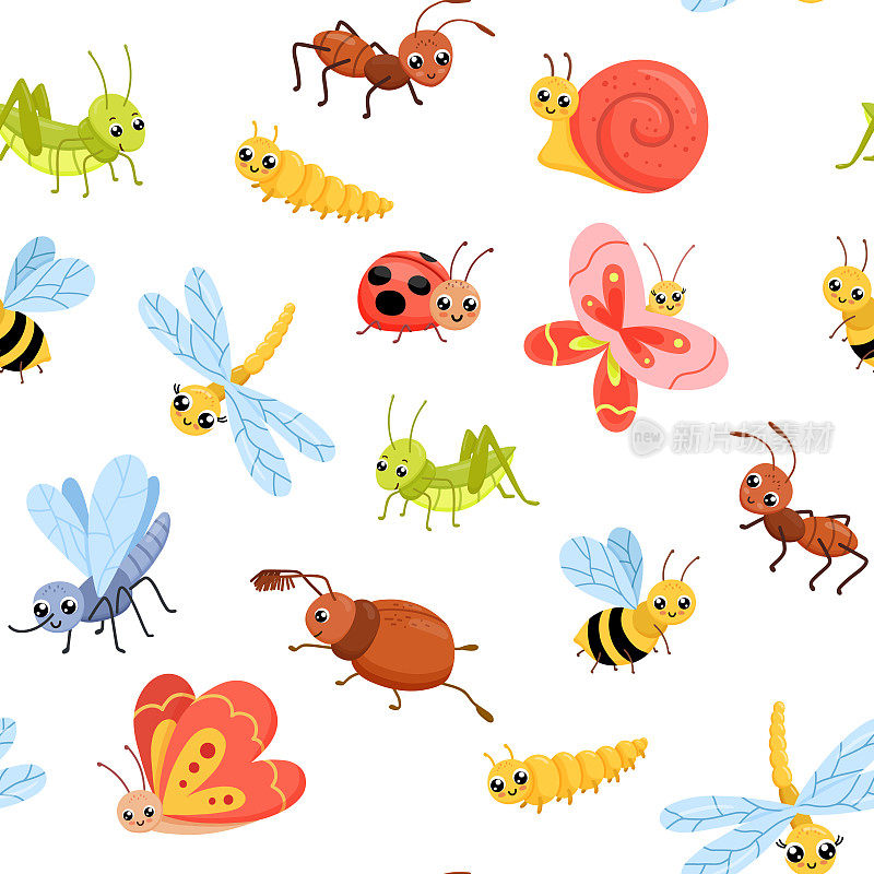 无缝图案与卡通昆虫。可爱的蝴蝶、蚱蜢和蜻蜓。幼稚的矢量插图孤立在白色