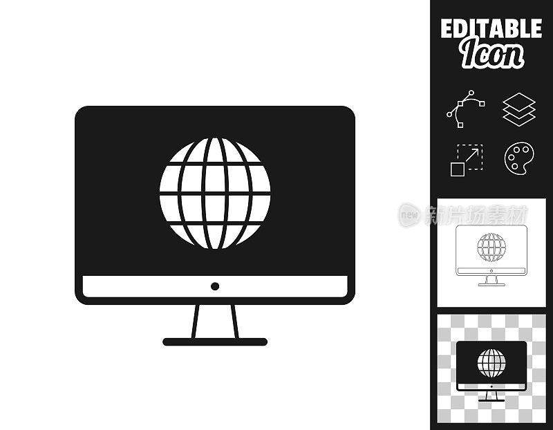 台式电脑与全球。图标设计。轻松地编辑