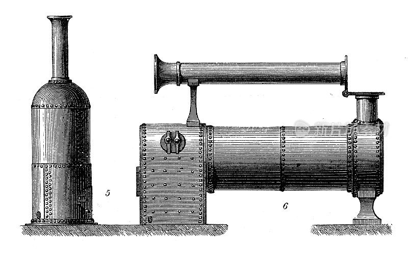 古董插图，应用力学:蒸汽动力机器，锅炉