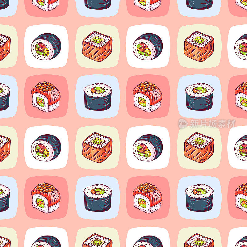 无缝的图案可爱的彩色寿司卷。