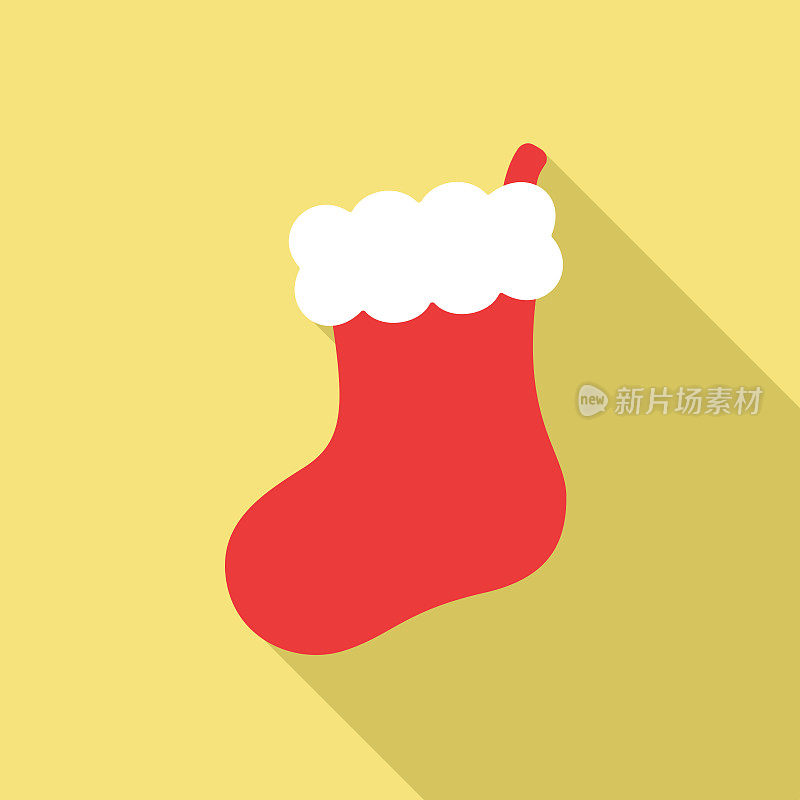圣诞老人红色毛绒袜袜装饰。简单的平面标志图标，标志，符号，打印矢量插图设计与长阴影隔离元素在黄色背景。