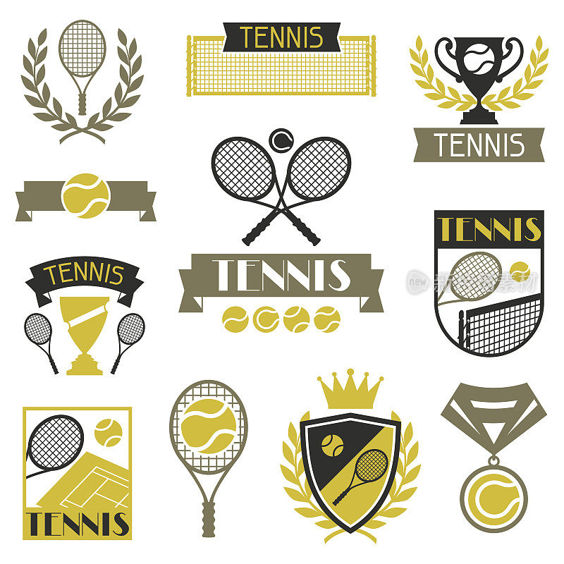 网球横幅，丝带和带有图标的徽章。
