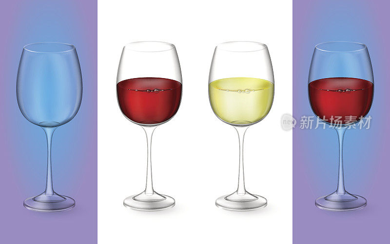 3d现实矢量插图。透明隔离葡萄酒杯与红和白葡萄酒。盛有酒精饮料的玻璃杯