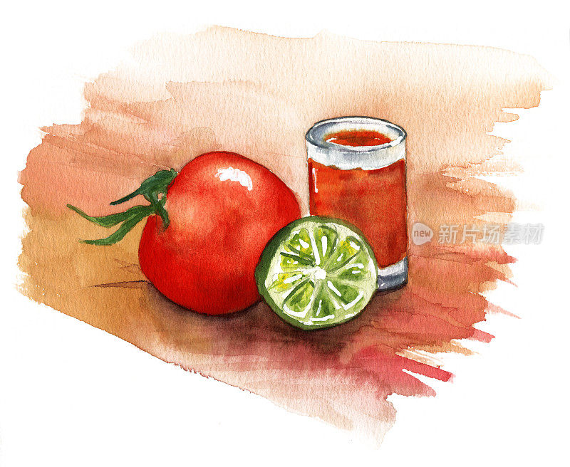 水彩番茄，番茄汁和酸橙的一半