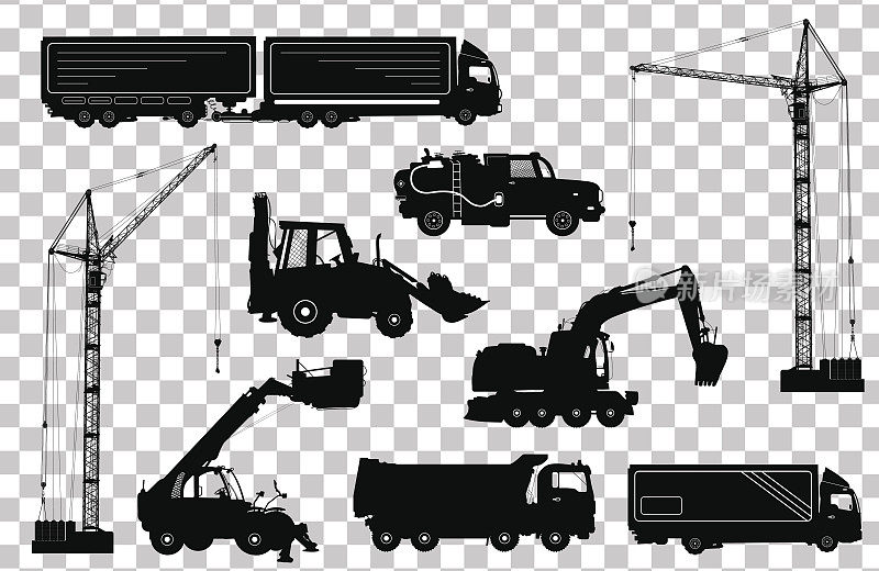 施工设备:卡车、挖掘机、推土机、电梯、起重机。工程机械孤立的详细轮廓。矢量图
