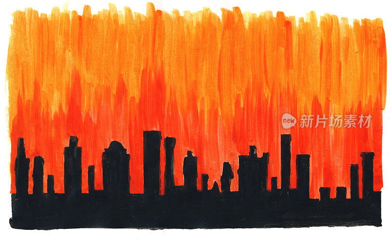 日落时的绘画城市天际线