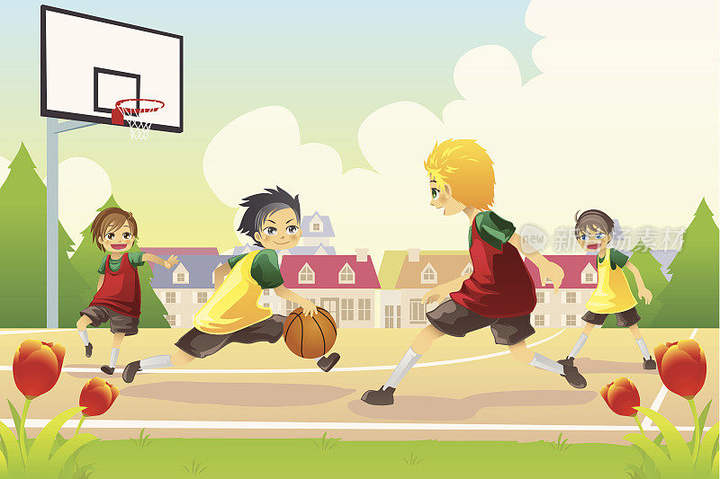 四个孩子在篮球场上的卡通