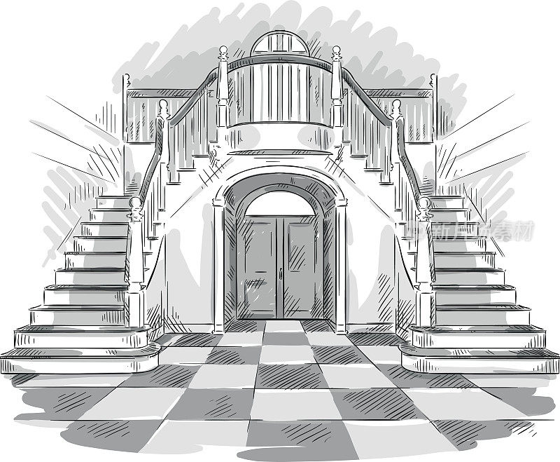 宽敞的大厅和楼梯图，矢量图