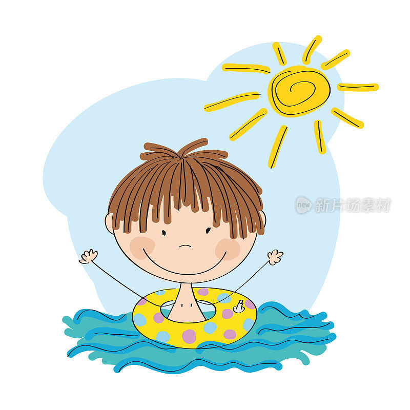 快乐的小男孩在水中游泳与充气圈-原创手绘插图