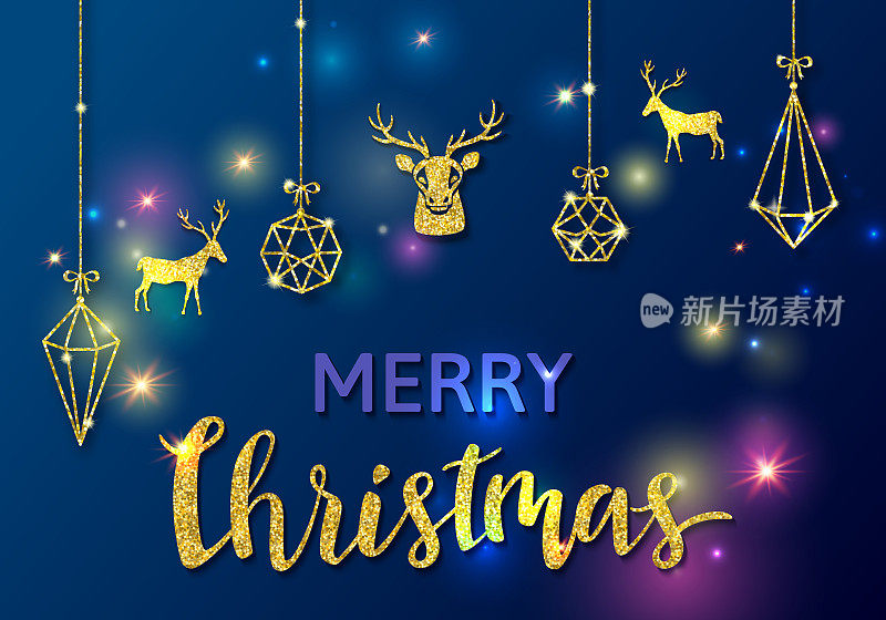 圣诞快乐或新年的概念与金色矢量闪光，箔纹理，驯鹿动物剪影，蓝色背景与灯，模板日历，海报，横幅，贺卡