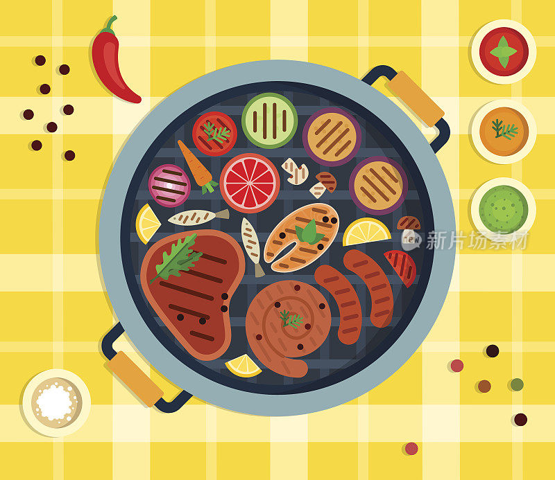 一块块的蔬菜、鱼和肉放在圆形的烤架上，酱汁放在黄色的桌布上，放在一个平隔离的笼子里
