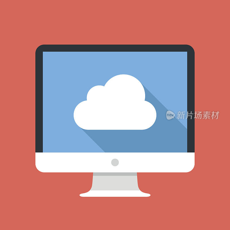 云存储服务，在线存储概念。电脑屏幕上的云图标。现代平面设计矢量插图