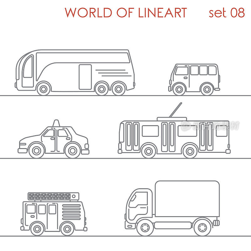 运输道路出租货车货车巴士有轨电车巴士图形线艺术风格图标集。lineart的世界收藏。