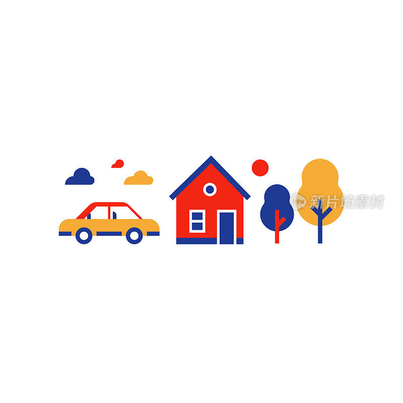 郊区住宅与汽车，避暑别墅，乡村，房地产，矢量图标