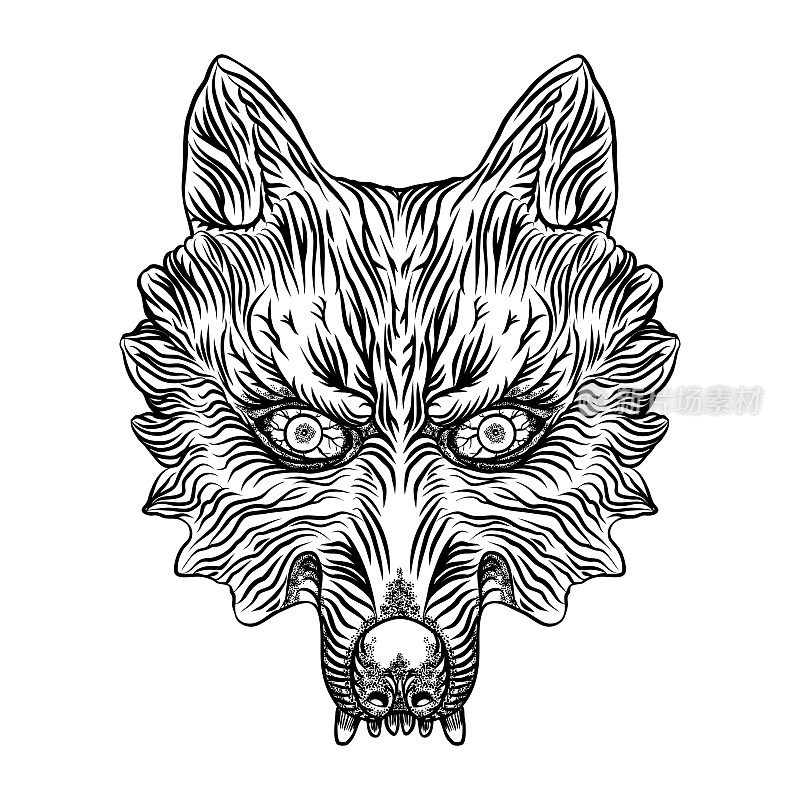 愤怒的狼的头。狼黑纹身闪概念孤立上白。详细的狼人吉祥物插图。向量。