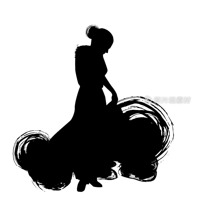 穿着长裙的女人摆着跳舞的姿势。弗拉明戈舞者西班牙安达卢西亚地区，埃斯特雷马杜拉穆尔西亚。黑色剪影孤立在白色背景刷轮廓草图。向量
