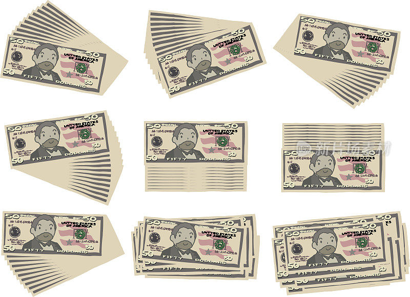 一堆可爱的手绘50美元钞票套装