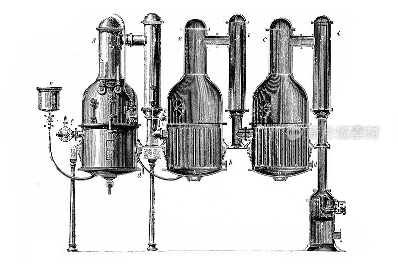 水装置真空蒸馏的旧雕刻插图
