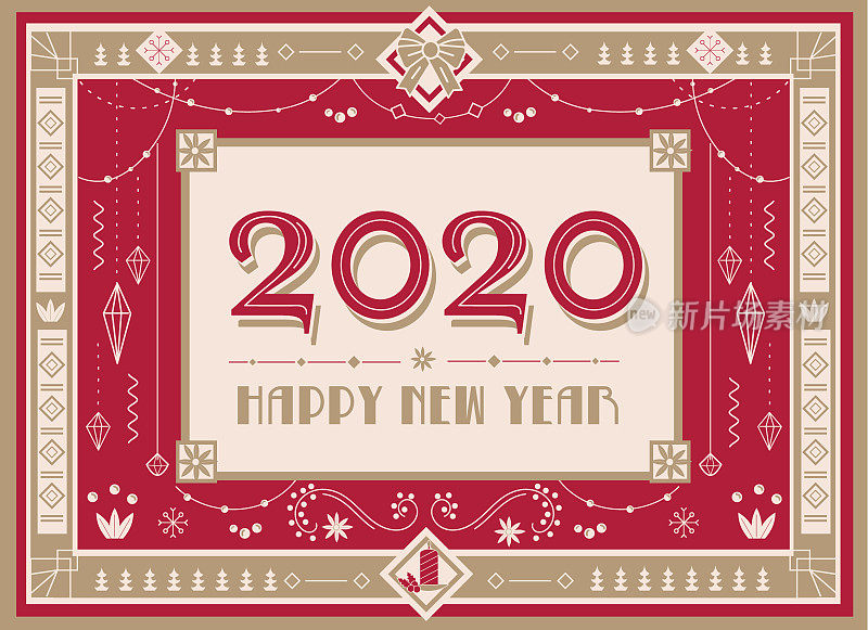 艺术装饰2020快乐新年设计模板与详细的装饰品和珠子