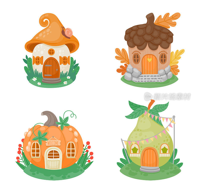 卡通小幻想房子。绿色草坪上的蘑菇、南瓜、梨和橡子形状的可爱小地精建筑